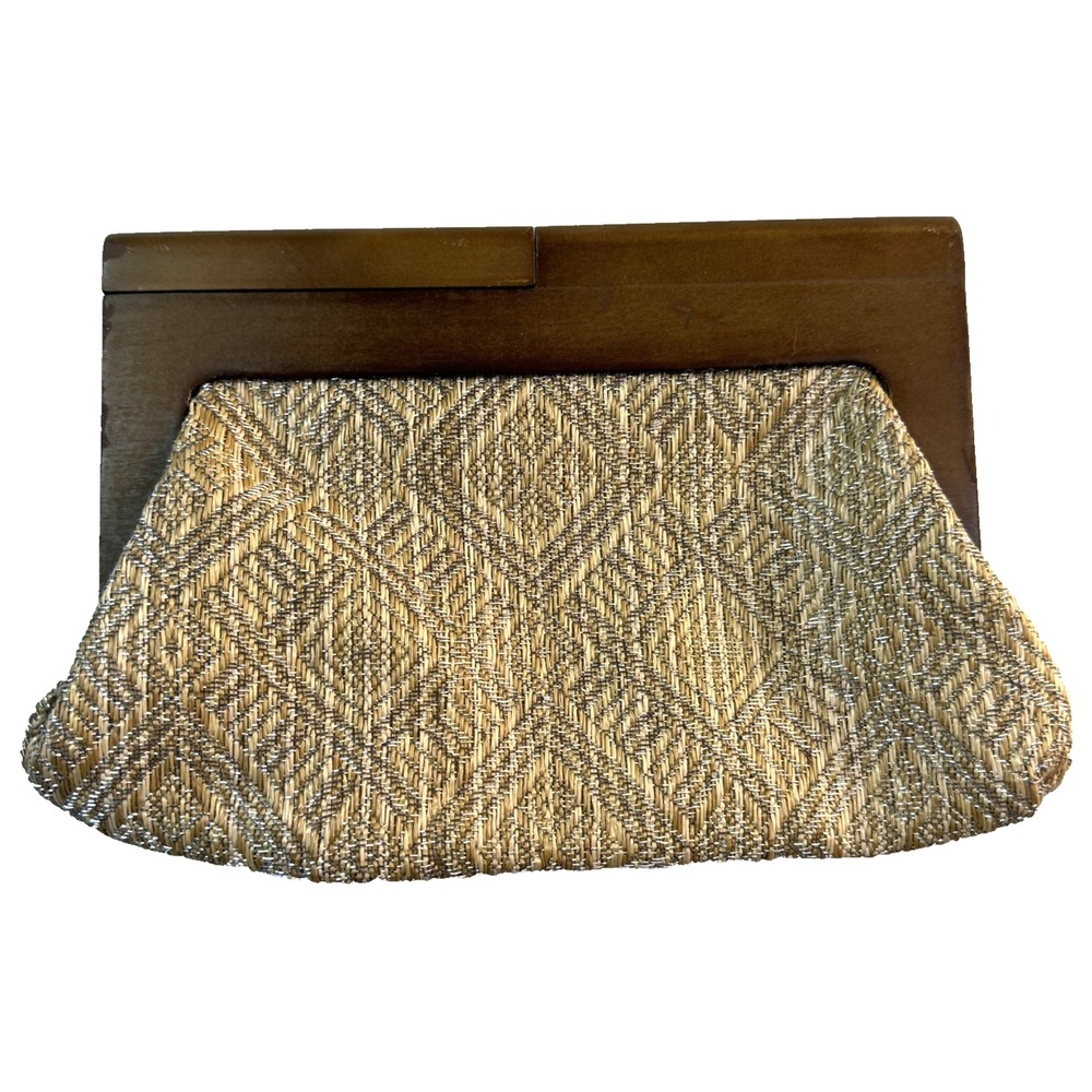 Vintage Wood Frame Geometric Clutch Purse Womens Gold Textile Expressions NYC